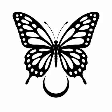 Tatouage papillon blackwork aux ailes pleines percées de taches claires, au-dessus d'un croissant de lune