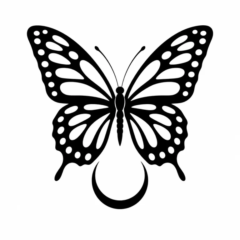 Tatouage papillon blackwork aux ailes pleines percées de taches claires, au-dessus d'un croissant de lune