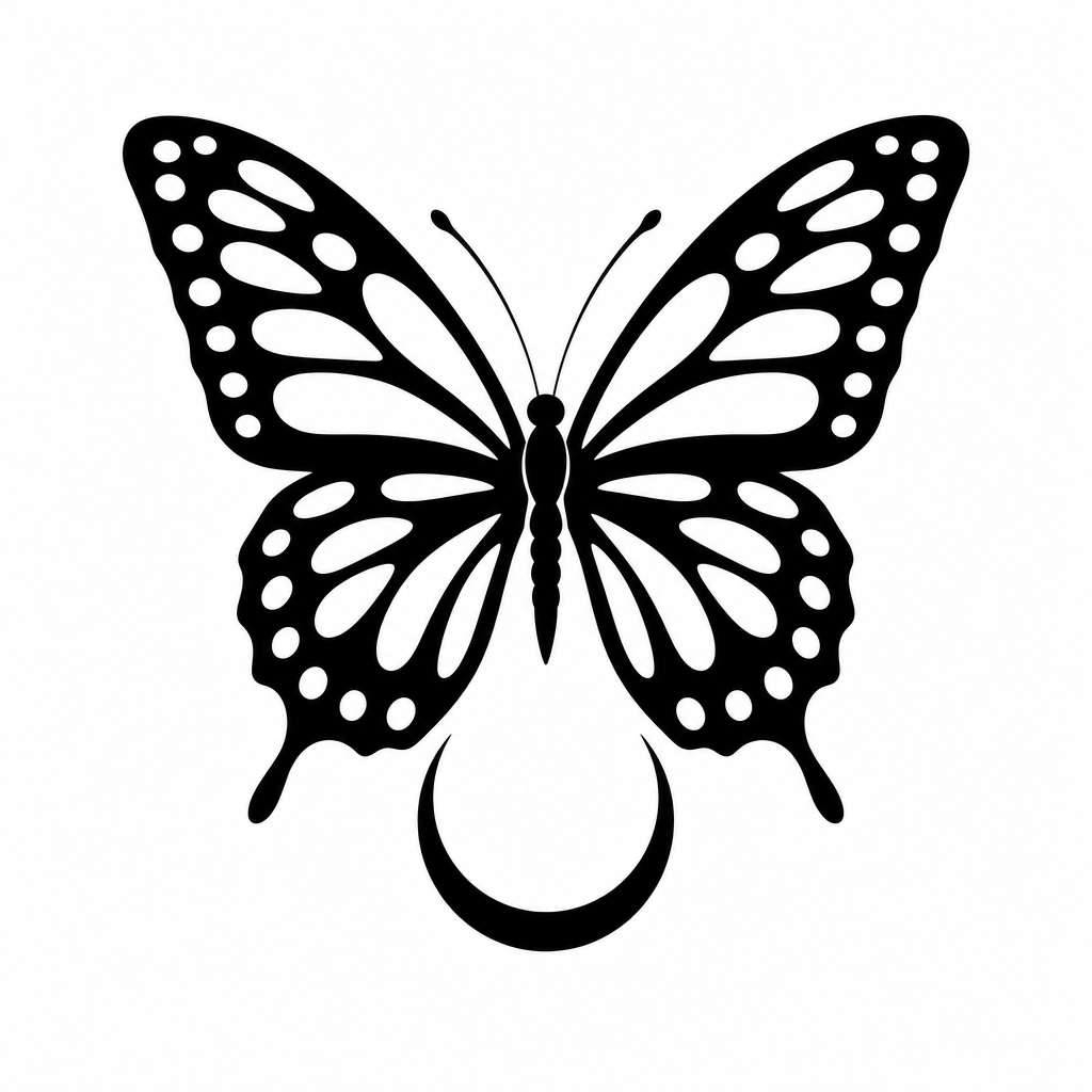 Tatouage papillon blackwork aux ailes pleines percées de taches claires, au-dessus d'un croissant de lune