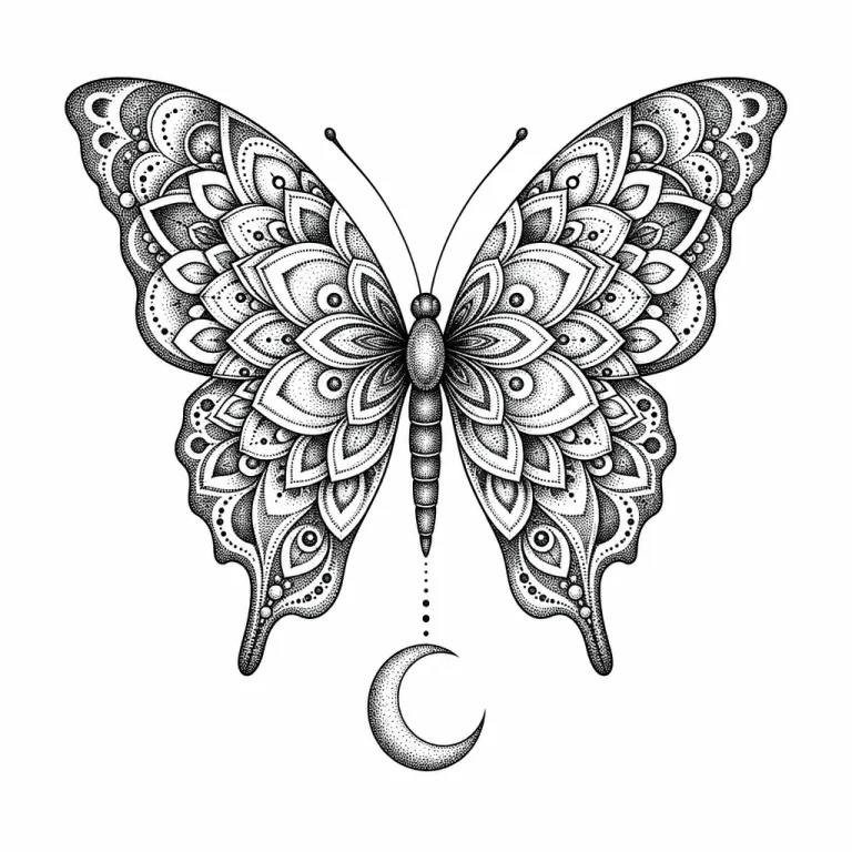 Tatouage papillon dotwork aux ailes ornées de motifs de mandala, au-dessus d'un croissant