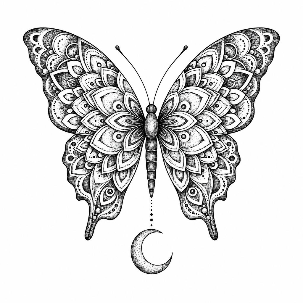 Tatouage papillon dotwork aux ailes ornées de motifs de mandala, au-dessus d'un croissant