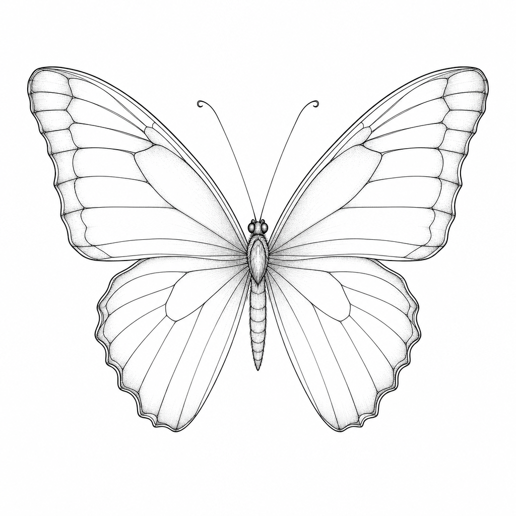 Tatouage papillon fine line vu de dessus, ailes ouvertes aux nervures délicates
