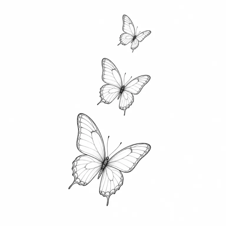 Tatouage de trois papillons fine line de tailles décroissantes qui s'envolent en diagonale