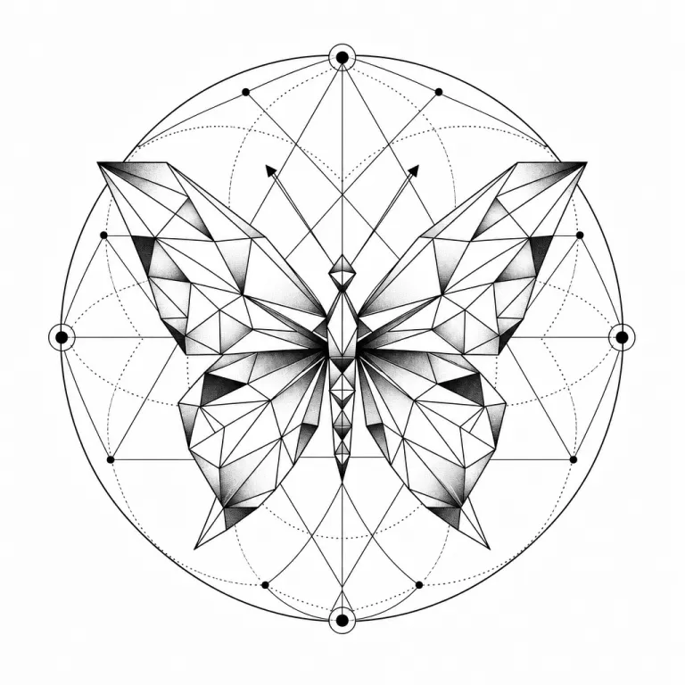 Tatouage papillon géométrique fait de triangles symétriques, inscrit dans un cercle