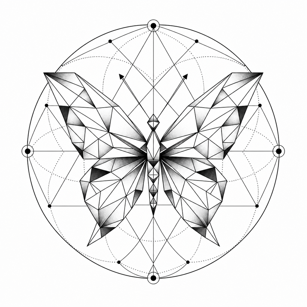 Tatouage papillon géométrique fait de triangles symétriques, inscrit dans un cercle