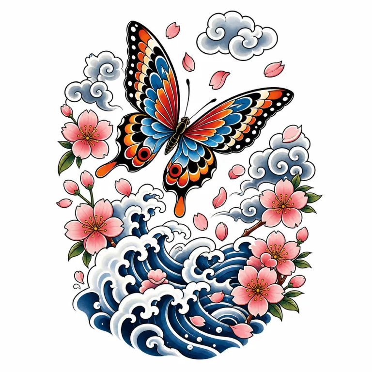 Tatouage papillon de style japonais survolant des vagues, entre pétales de cerisier et nuages