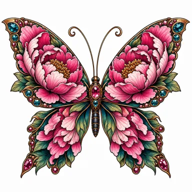 Tatouage papillon néo-traditionnel aux ailes de pétales de pivoine ornées de bijoux