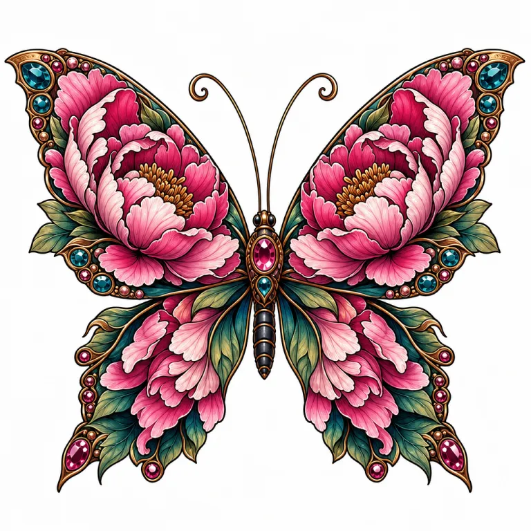 Tatouage papillon néo-traditionnel aux ailes de pétales de pivoine ornées de bijoux