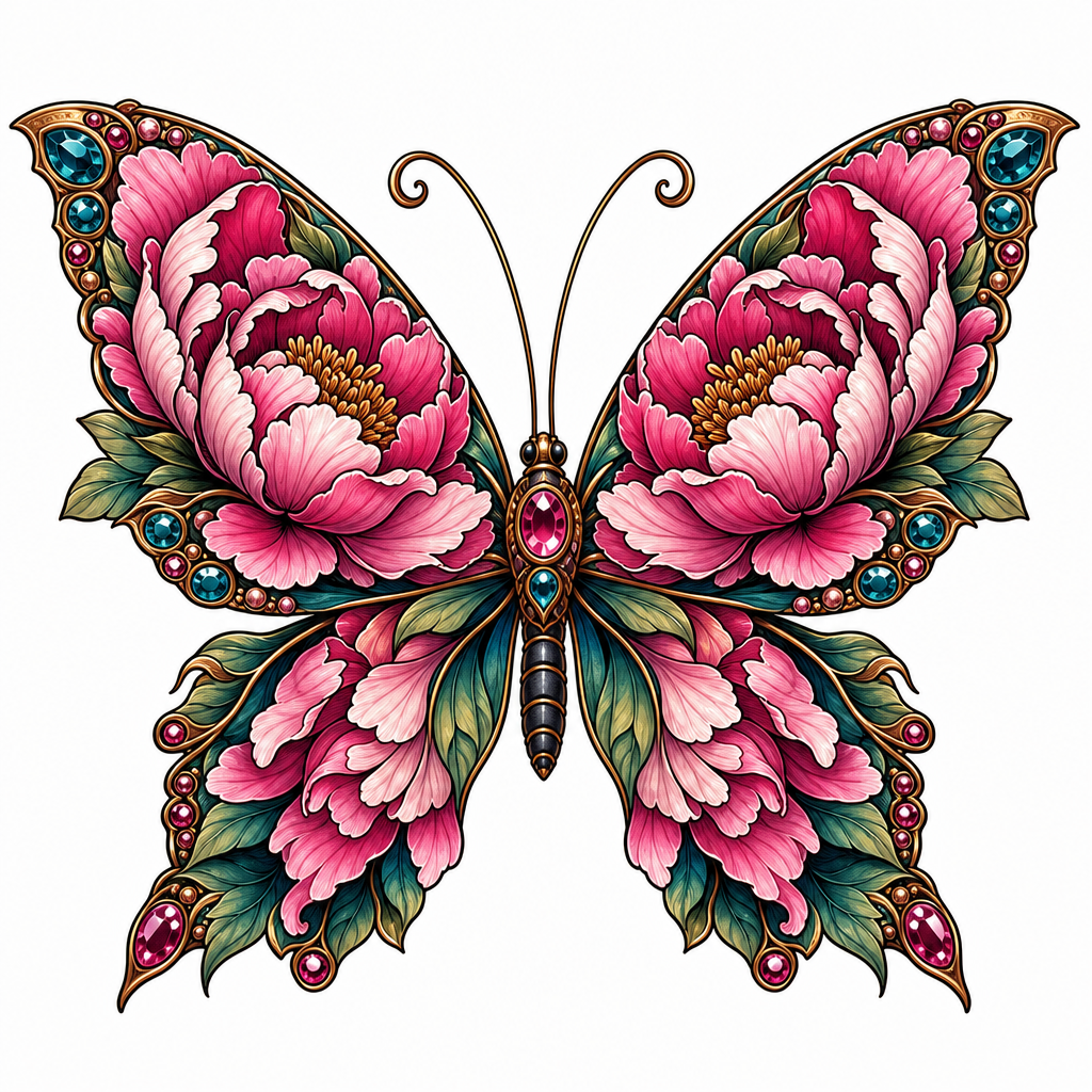 Tatouage papillon néo-traditionnel aux ailes de pétales de pivoine ornées de bijoux