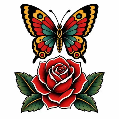 Tatouage papillon old school aux ailes déployées au-dessus d'une rose épanouie