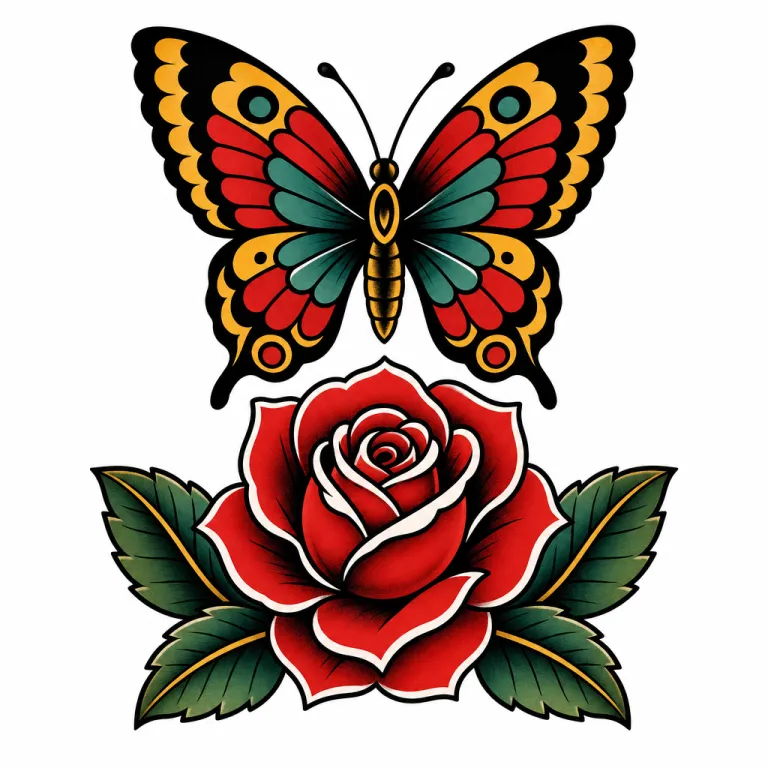 Tatouage papillon old school aux ailes déployées au-dessus d'une rose épanouie