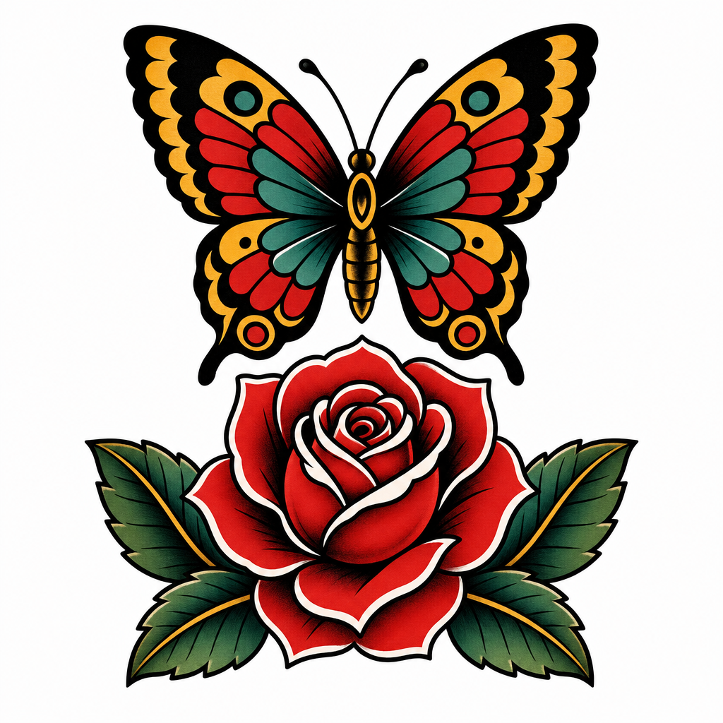 Tatouage papillon old school aux ailes déployées au-dessus d'une rose épanouie