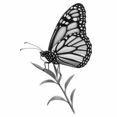 Tatouage papillon réaliste en noir et gris : un monarque posé sur une tige, ailes mi-closes