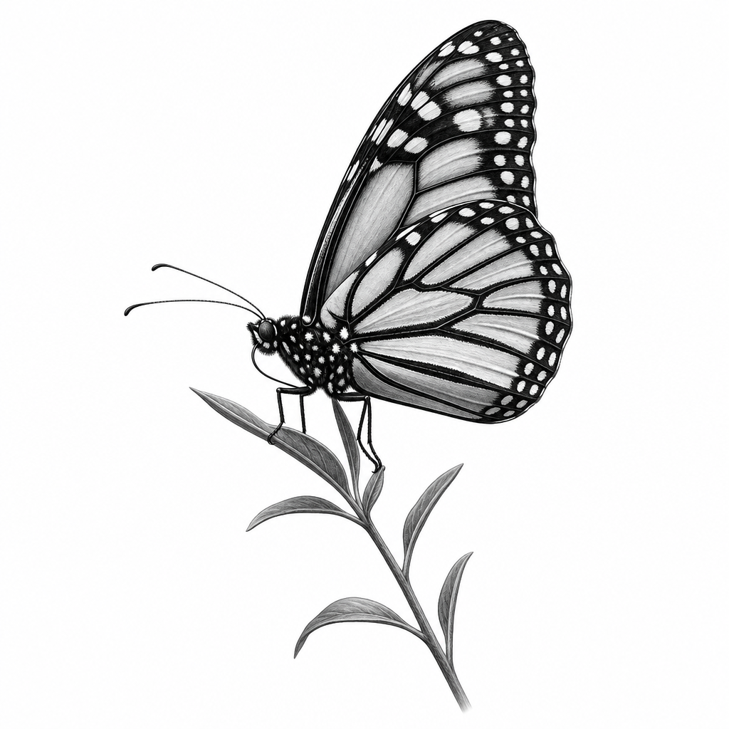 Tatouage papillon réaliste en noir et gris : un monarque posé sur une tige, ailes mi-closes