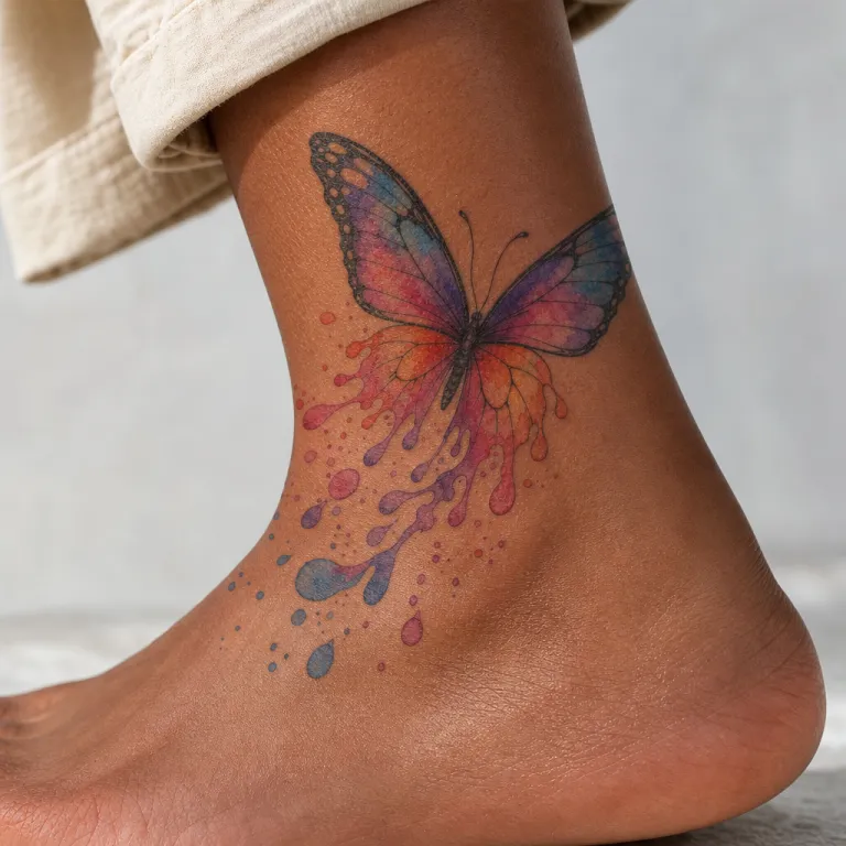 Tatouage papillon aquarelle sur la cheville d'une femme (simulation IA)