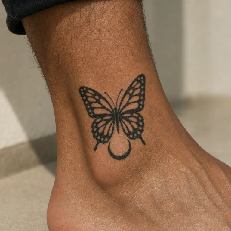 Tatouage papillon blackwork sur la cheville d'un homme (simulation IA)