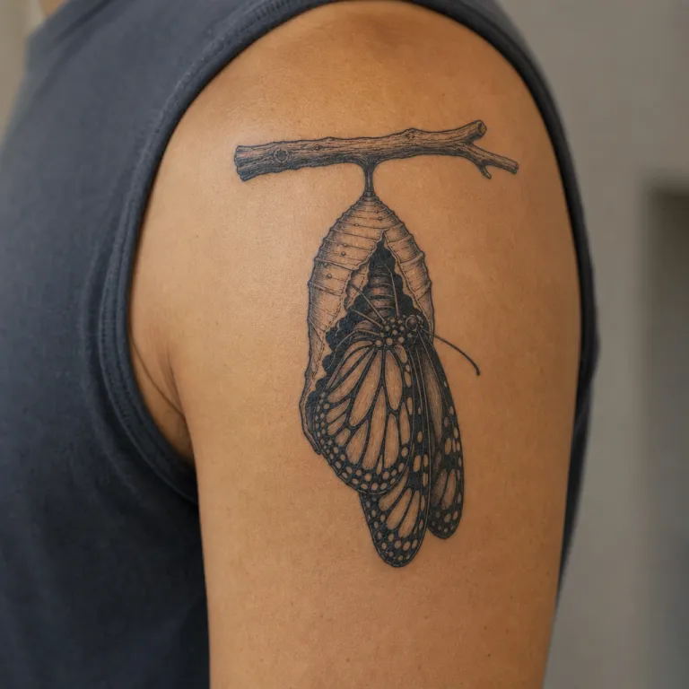Tatouage papillon blackwork sur l'épaule d'un homme (simulation IA)