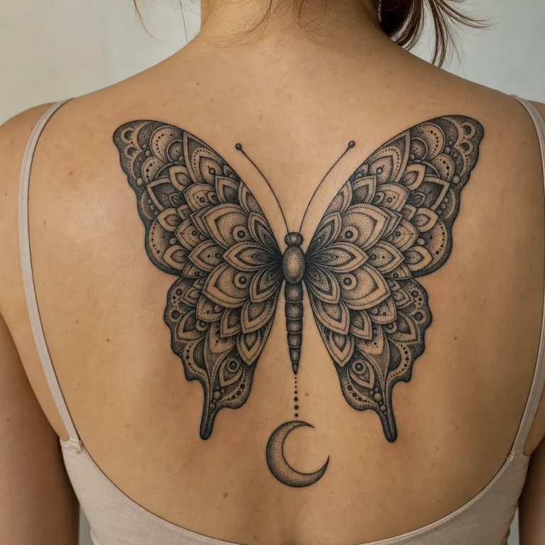 Tatouage papillon dotwork en haut du dos d'une femme (simulation IA)