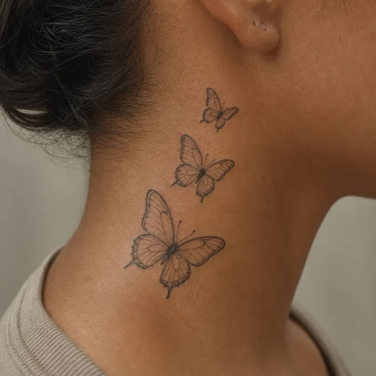 Tatouage de trois papillons fine line sur le côté du cou d'une femme (simulation IA)