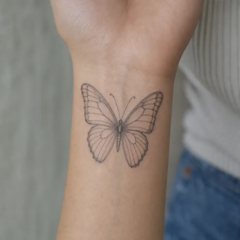 Tatouage papillon fine line à l'intérieur du poignet d'une femme (simulation IA)