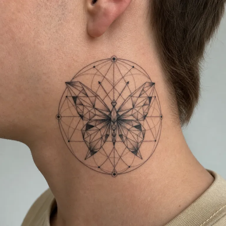 Tatouage papillon géométrique sur le côté du cou d'un homme (simulation IA)