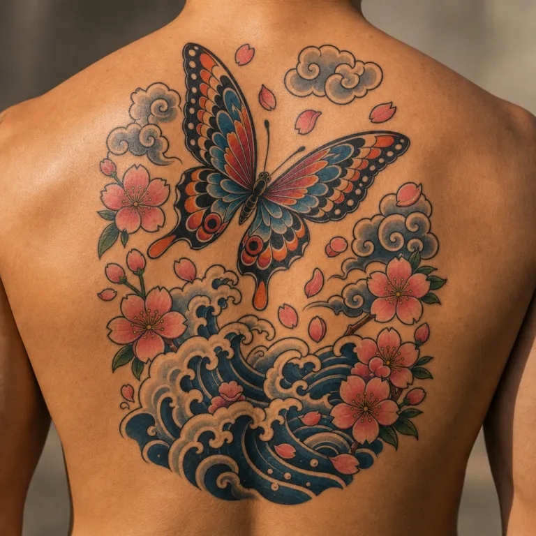 Tatouage papillon de style japonais en haut du dos d'un homme (simulation IA)