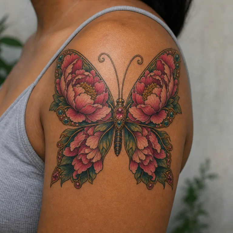 Tatouage papillon néo-traditionnel sur l'épaule d'une femme (simulation IA)