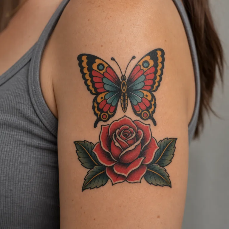 Tatouage papillon old school sur le haut du bras d'une femme (simulation IA)