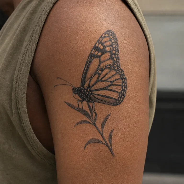 Tatouage papillon réaliste sur le haut du bras d'un homme (simulation IA)