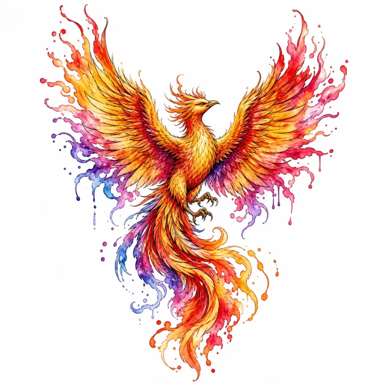 Tatouage phénix aquarelle en plein envol, bouts des ailes et queue qui se fondent en flammes colorées