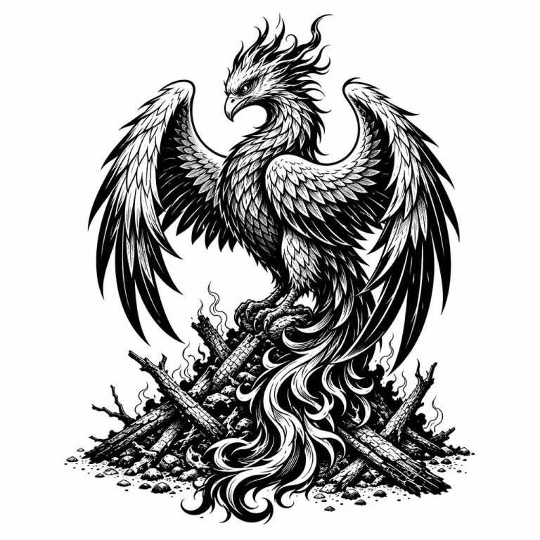 Tatouage phénix blackwork posé sur un tas de cendres et de branches, ailes mi-ouvertes