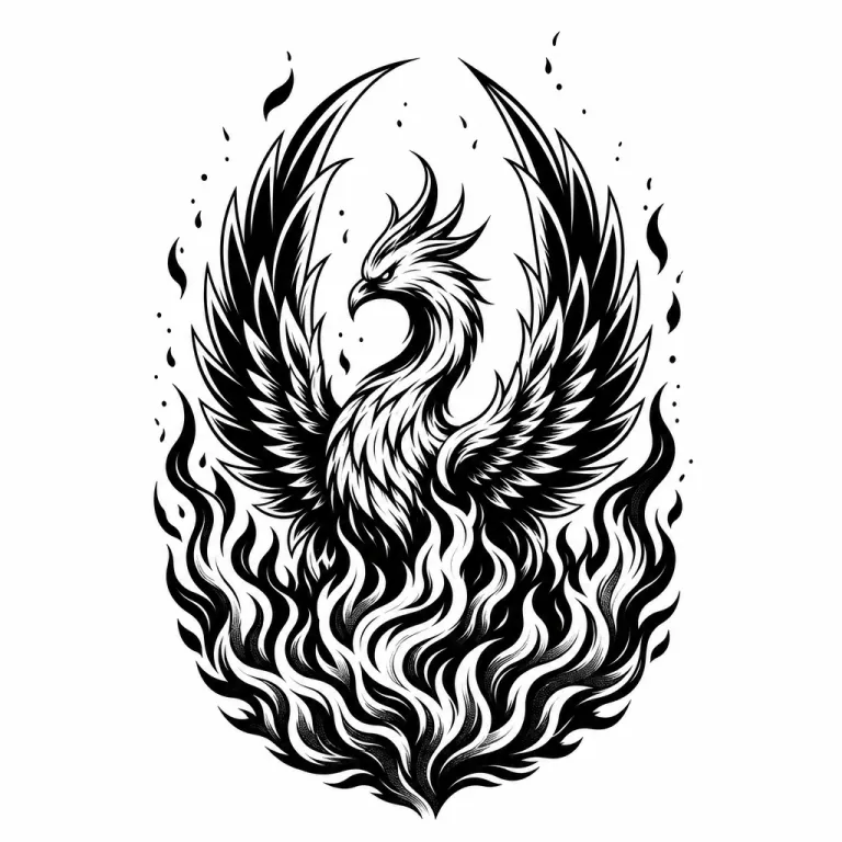 Tatouage phénix blackwork sortant d'un nid de flammes, ailes repliées vers le haut