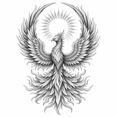 Tatouage phénix dotwork vu de face, ailes courbées en cercle autour d'un soleil rayonnant