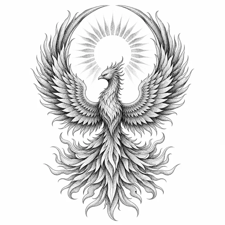 Tatouage phénix dotwork vu de face, ailes courbées en cercle autour d'un soleil rayonnant