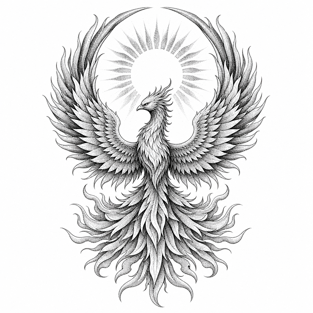 Tatouage phénix dotwork vu de face, ailes courbées en cercle autour d'un soleil rayonnant