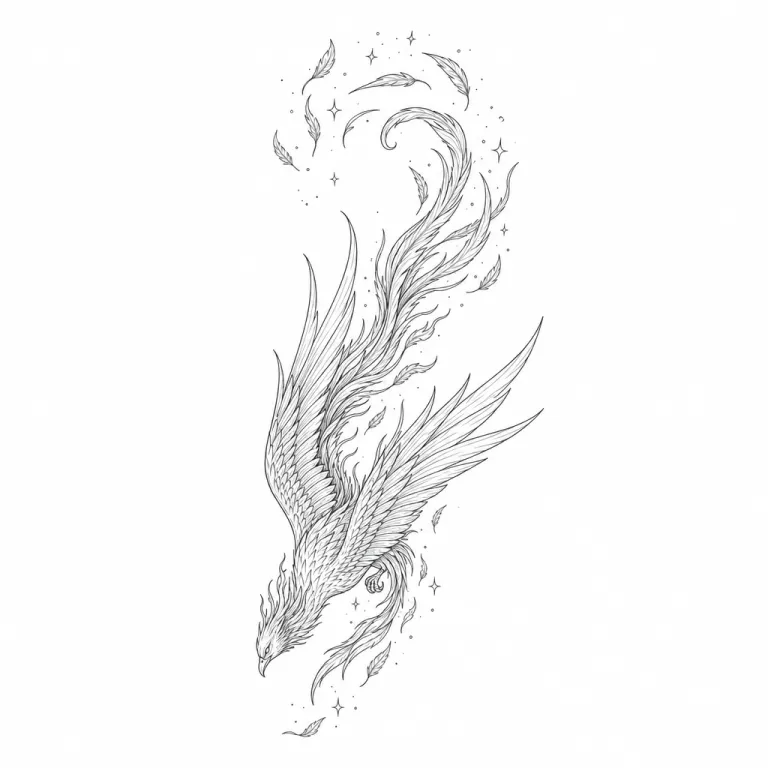 Tatouage phénix fine line qui plonge en arc de cercle, ailes rabattues, traînée de plumes