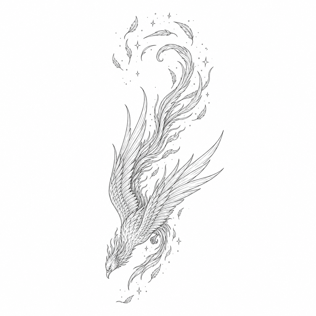 Tatouage phénix fine line qui plonge en arc de cercle, ailes rabattues, traînée de plumes