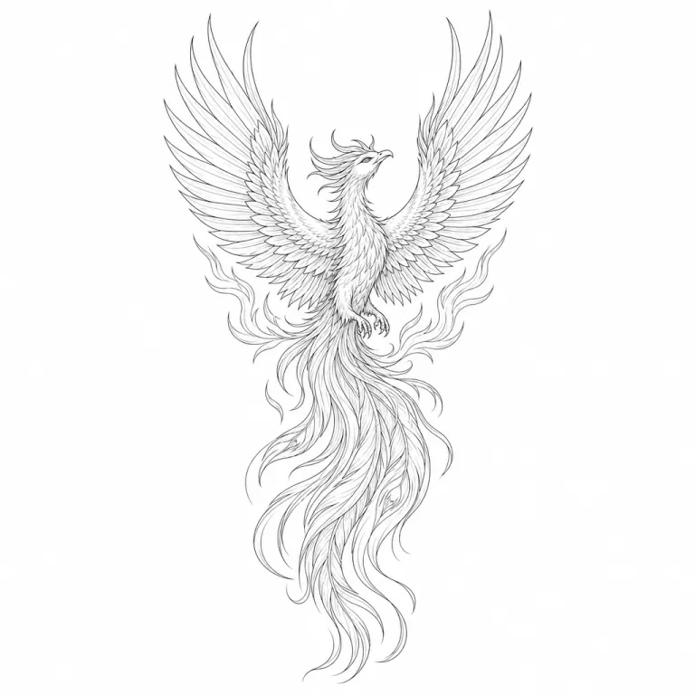 Tatouage phénix fine line qui s'élève, ailes levées et longues plumes de queue en courbes