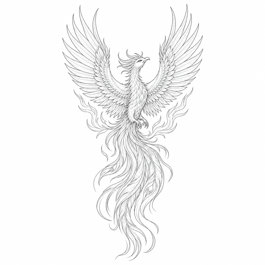 Tatouage phénix fine line qui s'élève, ailes levées et longues plumes de queue en courbes