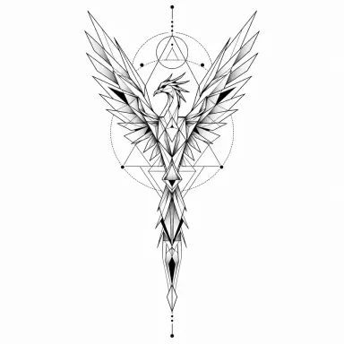 Tatouage phénix géométrique en triangles, ailes en V symétrique et queue en ligne verticale