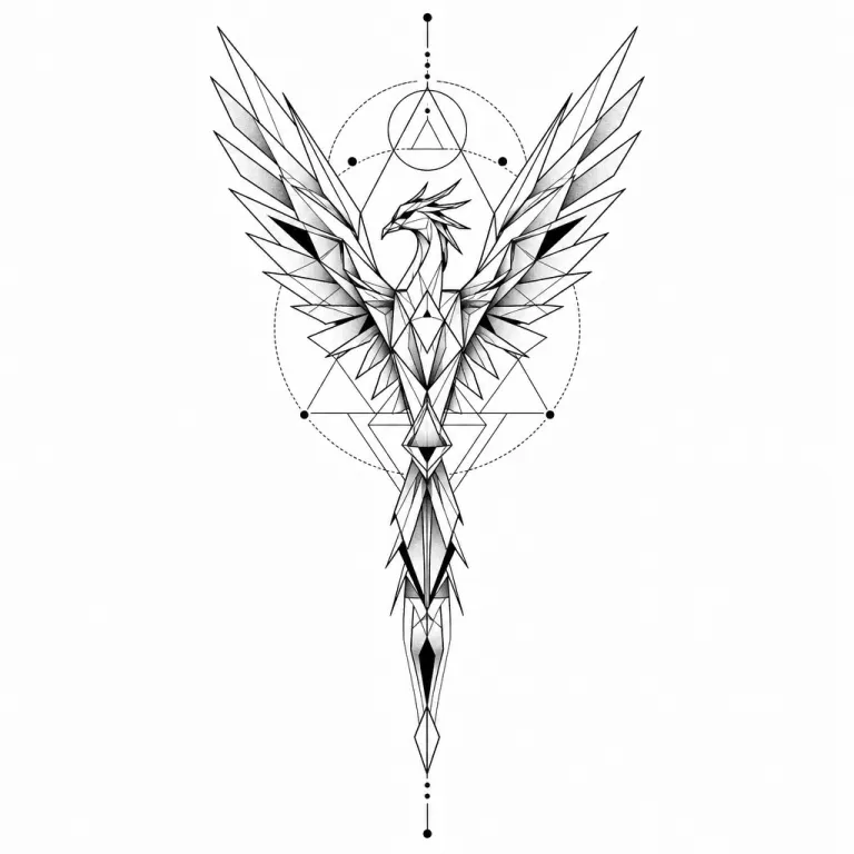 Tatouage phénix géométrique en triangles, ailes en V symétrique et queue en ligne verticale