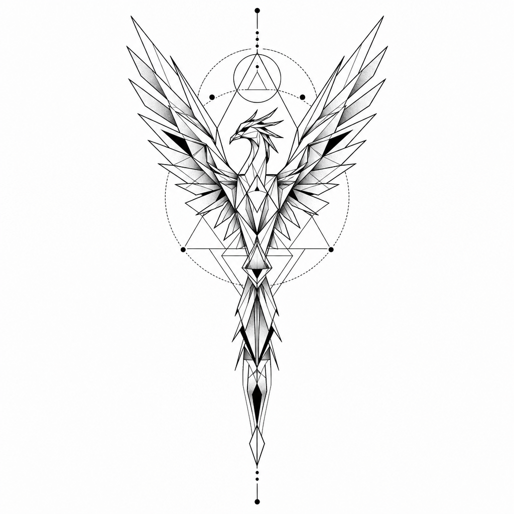 Tatouage phénix géométrique en triangles, ailes en V symétrique et queue en ligne verticale
