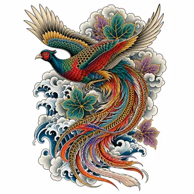 Tatouage phénix de style japonais à longue queue, en vol entre nuages et feuilles de paulownia