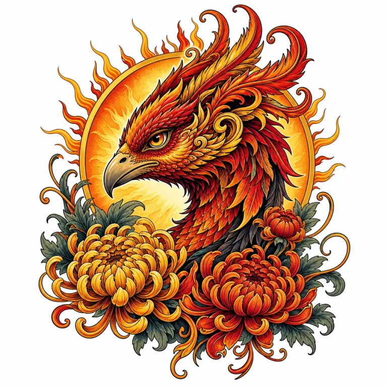 Tatouage phénix néo-traditionnel : tête de profil à la crête ornée, entre un soleil et des chrysanthèmes