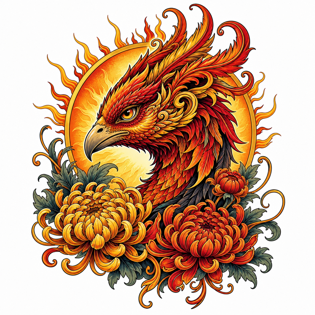 Tatouage phénix néo-traditionnel : tête de profil à la crête ornée, entre un soleil et des chrysanthèmes