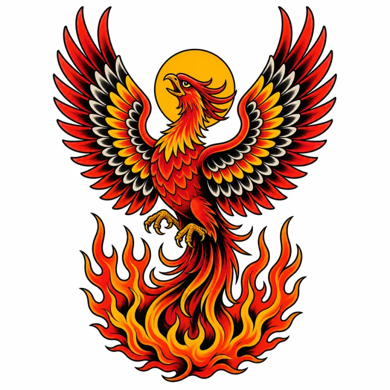 Tatouage phénix old school aux ailes déployées au-dessus d'un cercle de flammes, soleil derrière la tête