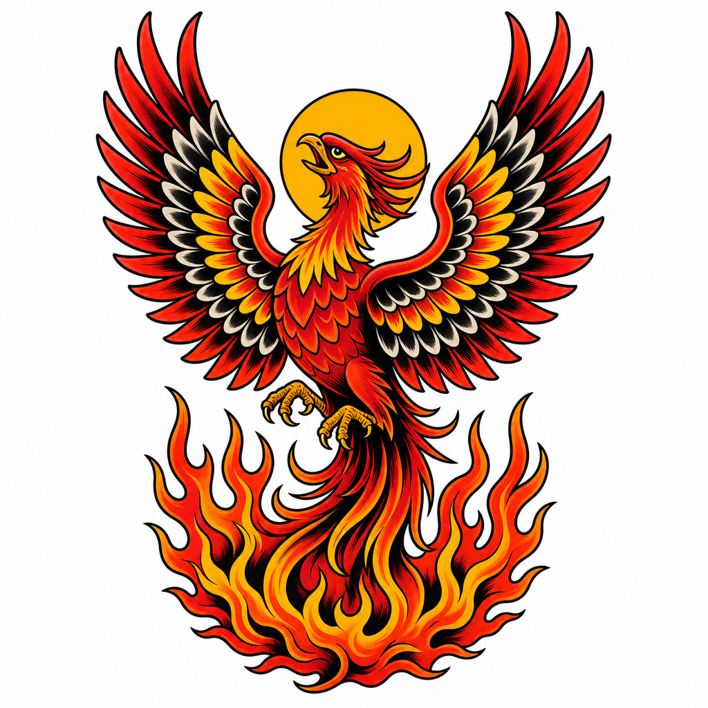Tatouage phénix old school aux ailes déployées au-dessus d'un cercle de flammes, soleil derrière la tête