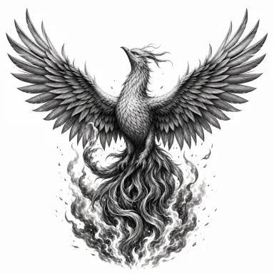 Tatouage phénix réaliste en noir et gris, ailes grandes ouvertes au-dessus des braises et de la fumée