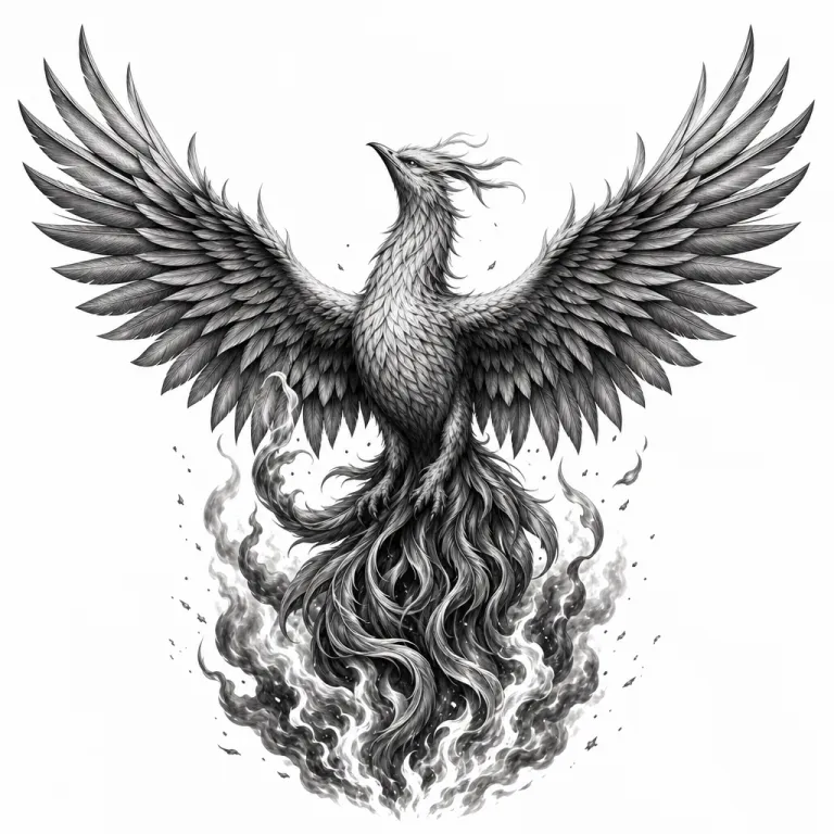 Tatouage phénix réaliste en noir et gris, ailes grandes ouvertes au-dessus des braises et de la fumée