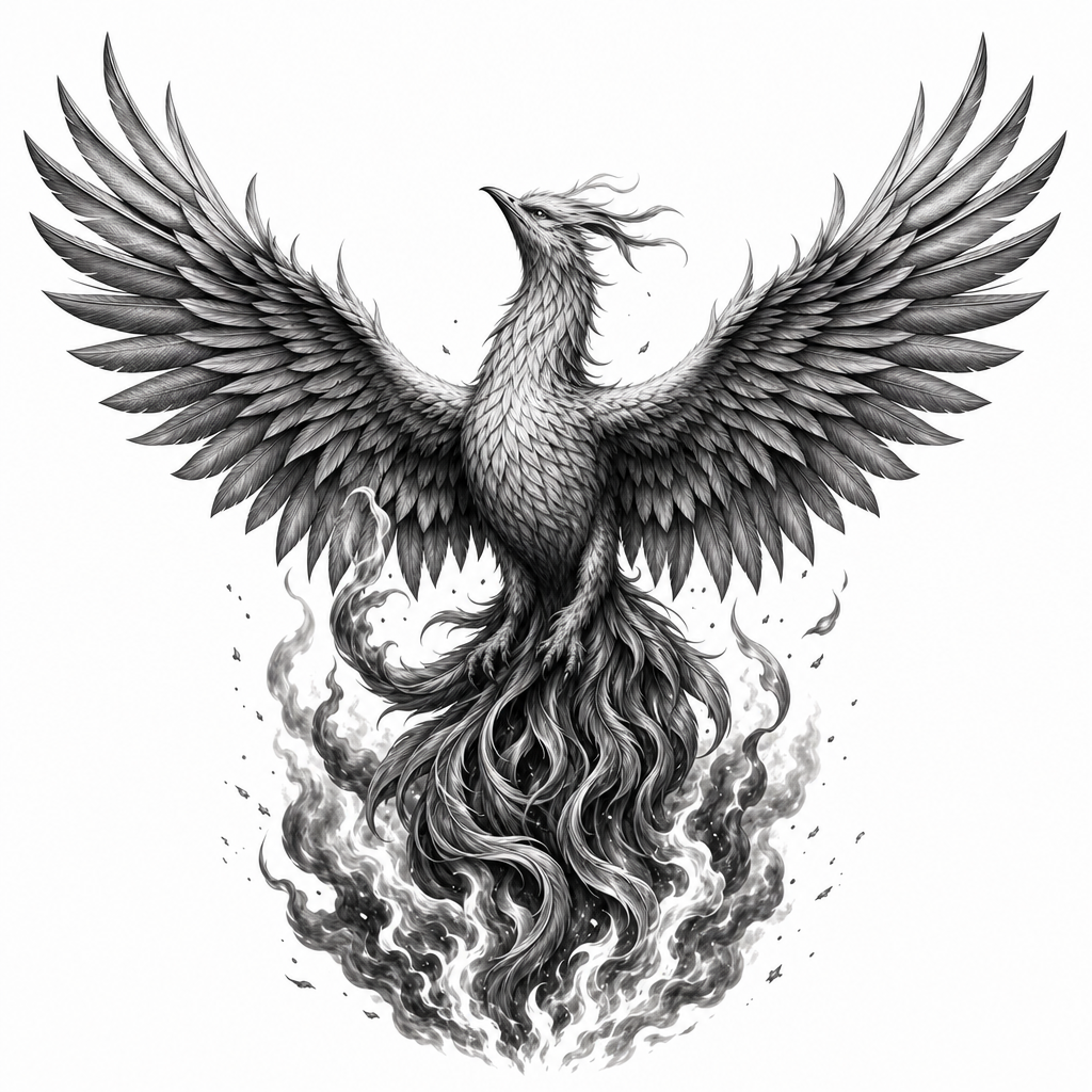 Tatouage phénix réaliste en noir et gris, ailes grandes ouvertes au-dessus des braises et de la fumée
